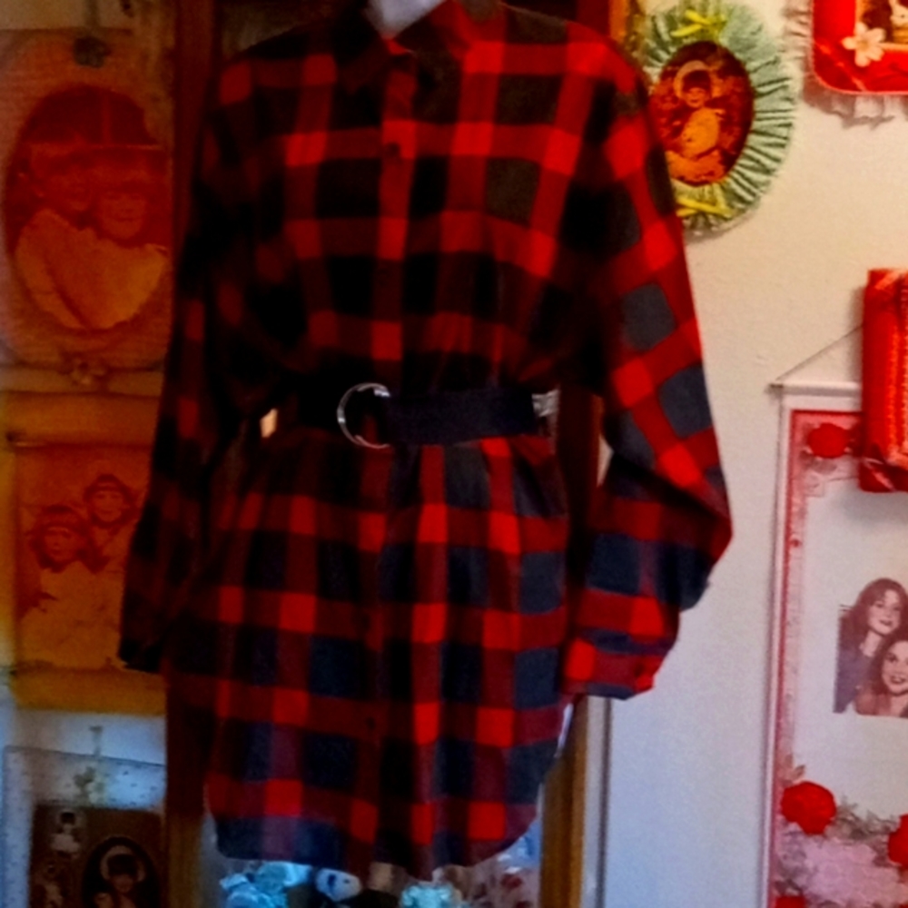 Vintage 80's, Red & Black Plaid, BIG SHIRT/Mini Dress with Belt